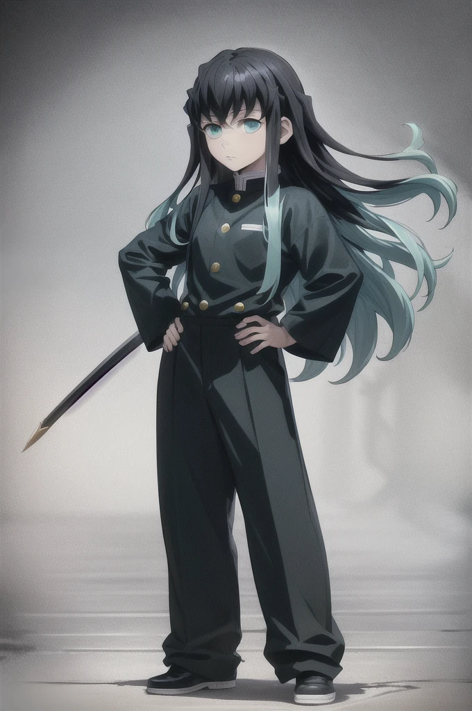 masterpiece, best quality, 1boy, muichiro,long hair, black hair, aqua hair, bangs,  multicolored hair, sidelocks, long sleeves, aqua eyes, demon slayer uniform, pants, standing, looking at viewer, hands on hip, idle, straight hair, horizontal arm