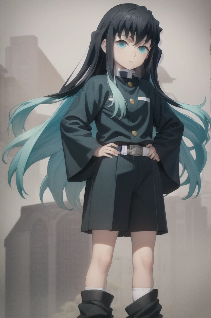 masterpiece, best quality, 1boy, muichiro,long hair, black hair, aqua hair, bangs,  multicolored hair, sidelocks, long sleeves, aqua eyes, demon slayer uniform, pants, standing, looking at viewer, hands on hip, idle, straight hair, horizontal arm