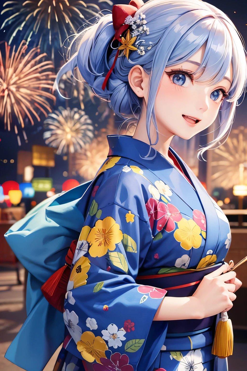 Fireworks are being set off. BREAK A cute woman in a yukata is having fun. She has a mischievous smile on her face.