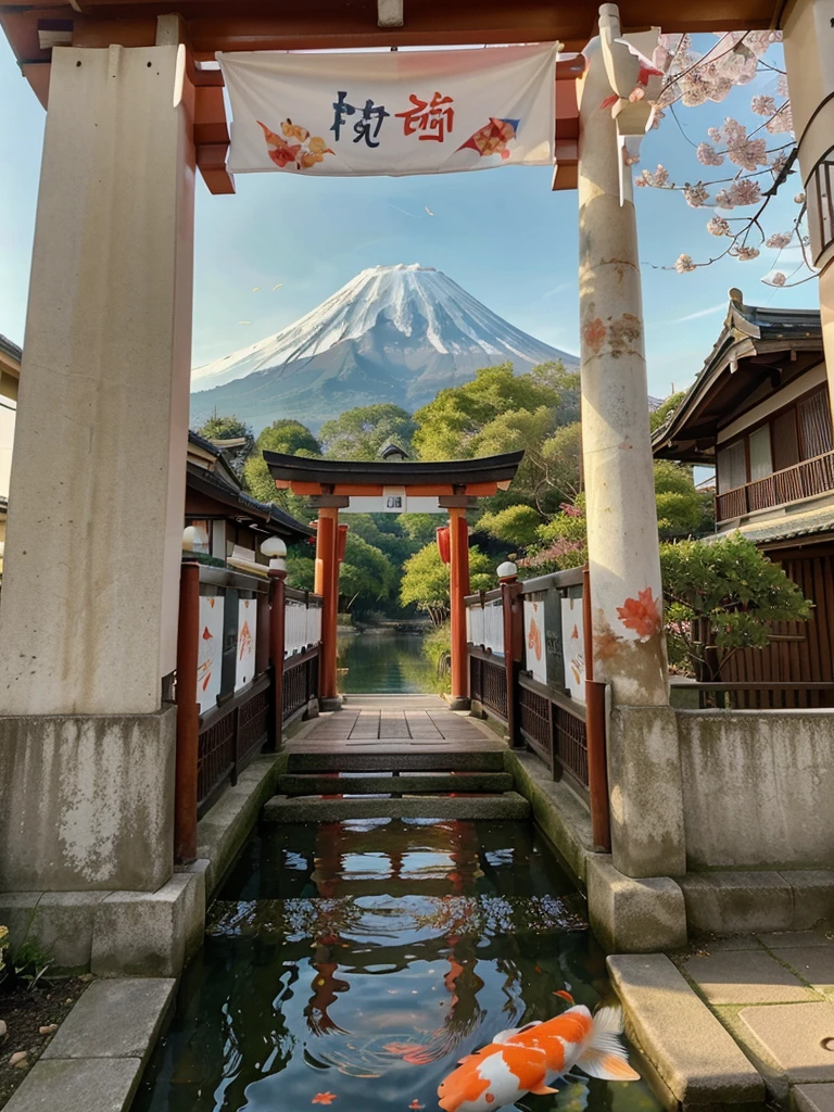 ศิลปะwatercolor paintingมัน,with koi flag,red torii gate,There is a cherry blossom branch on the edge of the picture.,There is Mount Fuji and water waves. big red sun,There are two koi fish flags on either side of the pole.,Japanese painting,bright colors,watercolor painting