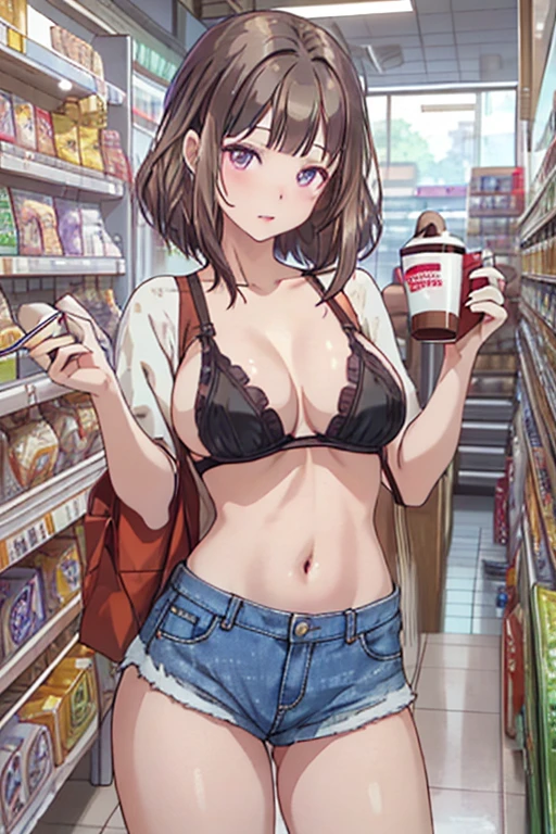 (masterpiece, Best Quality, ultra-detailed, high resolution, extremely detailed CG, official art, Professional Lighting, Perfect Anatomy, anime colors), (from below), looking at viewer, cowboy shot, perfect body, 24yo beautiful 1girl, medium hips, glamorous body,a small face,beautiful-makeup,Makeup light,Shortcut Hair,dark brown hair、Bust b Cup, Amazing Cleavage, thin waist, big ass, Raised sexy, big breast: 1.2 posed cleavage:1.2, (off shoulders,Sportsbra,legginullnude), micro denim shorts, bare legs, nail_polish, pale skin, Waiting friend, (morning:1.5), tokyo, (convenience store:1.3), outdoor, (depth of field:1.3), contrapposto, (Hold a coffee in your hand:1.3),delicate beautiful face, Bright magenta eyes, cute eyes, sparkling eyes, Big eyes, (big breasts:1.3), (perky chest:1.1), (pointed chest:1.3), looking at viewer,
