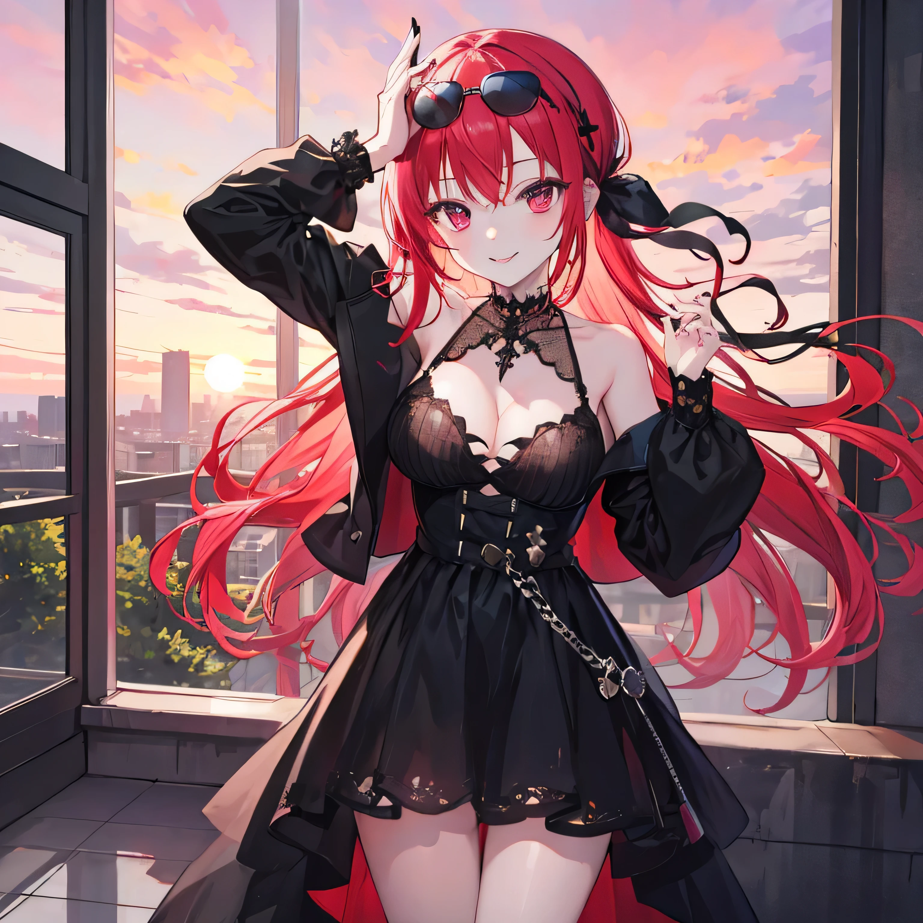 rooftop in luxurious apartment on a beautiful sunset Satanichia Mcdowell posing elegantly with a smile up high and having sunglasses on her forehead dressed in casual gothic clothing extremely white with black stripes magenta eyes semi-long red hair 
