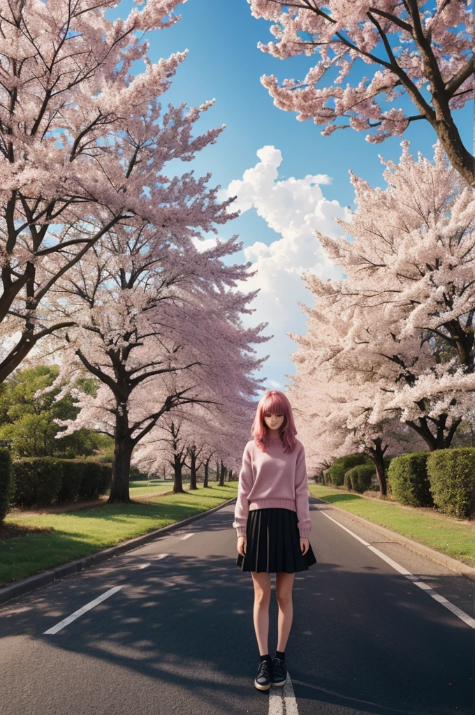masterpiece, best quality, ultra-detailed, illustration, wide angle, 1girl stand in the middle of road, solo, road in the middle and pink cherry trees on roadside, full body, 20 yo, pink hair, sweater, short skirt, fashion,, composition, balance, harmony, rhythm, color, light, shadow, reflection, refraction, tone, contrast, foreground, middle ground, background, naturalistic, figurative, representational.