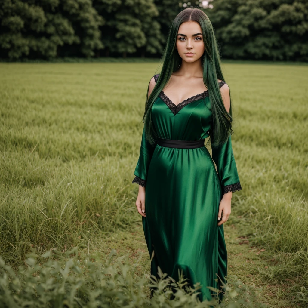 Portrait photo of a girl, , European girls, plump face, long hair, shiny green hair, gentle and seductive eyes, green eyes, The eyebrows are horizontal and black, wearing a green silk nightgown, Elegant and seductive standing posture, she is in a green field.