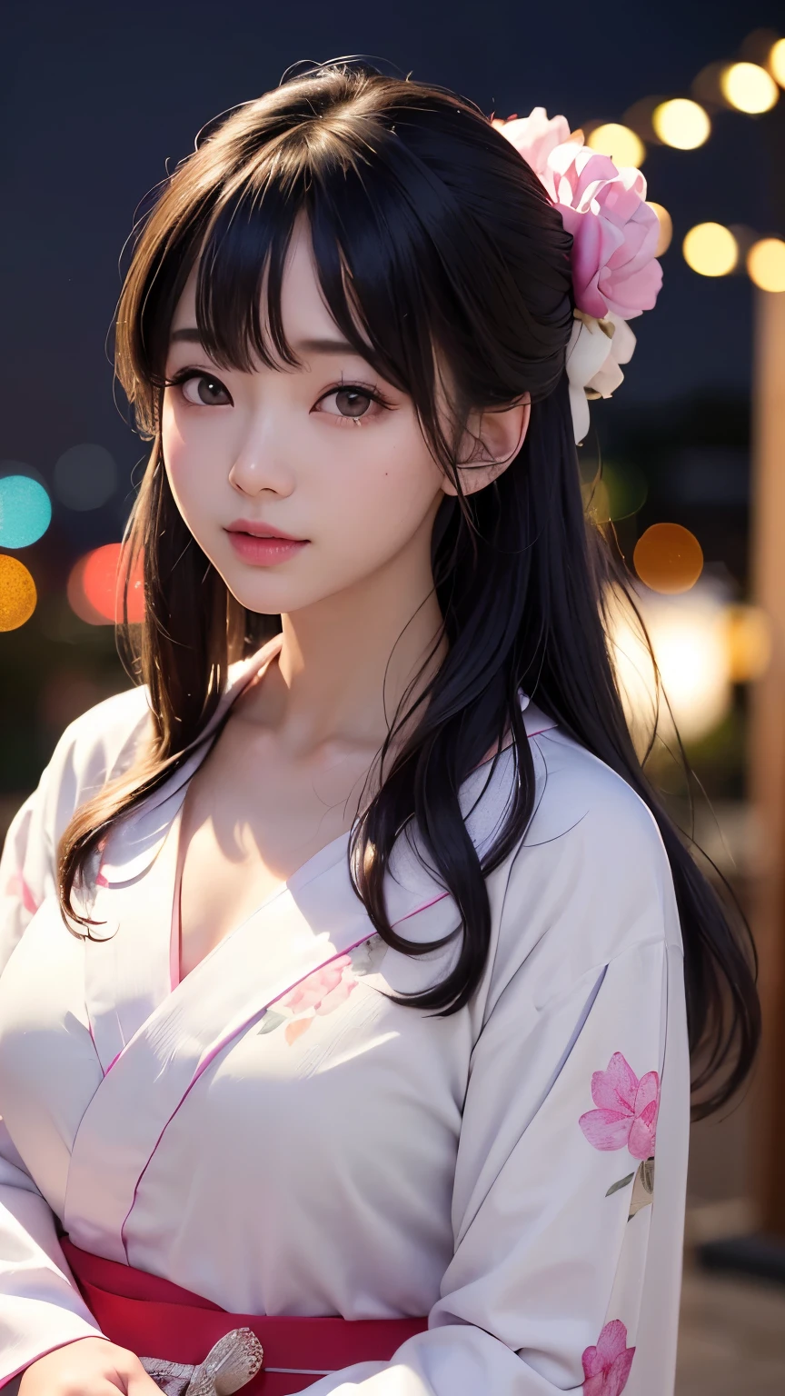 (logo、masterpiece、8K、Tabletop、RAW Photos、wonderful、最high quality、フォトリアリスティックでVery detailedな CG 複合 8K 壁紙、high quality、Very detailed、Narrative poem、Particle Effects、Dynamic Effects、Depth of the Boundary、Cinematic Light、Lens flare、Ray Tracing)、 (One beautiful woman wearing a yukata、White yukata、Light purple pattern)、Black-haired、High definition skin、Very fine、Fine skin texture、Beautiful Face、True Face、Beautiful details in the eyes、Realistic eyes、Beautifully detailed eyes、Realistic Skin、Beautiful Skin、Surreal、Smiling Eyes、Hair and light eyes、vivid、Colorful lights and bokeh、plump lower lip、Pink Lips、Hair flutters in Wind、Hair bounces、wonderful景色、night、evening、Wind、moonlight、moonlight、light