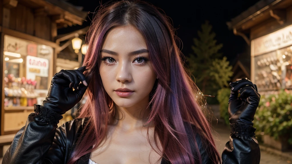 8k, realistic, ultra quality, beatiful asian girl, Stern anime girl, switzerland mountain background, (Highest Quality, Amazing Details:1.25), cinematic lighting, unique, whole body in picture, black gloves, high-quality, very long hair, hair intakes, makeup, lipstick, eyelashes, ultra detailed eyes, ultra detailed face, ultra detailed lips, ultra detailed lipstick, ultra detailed makeup, 18 years girl, blue eyes, pink hair, masterpiece, 8k,