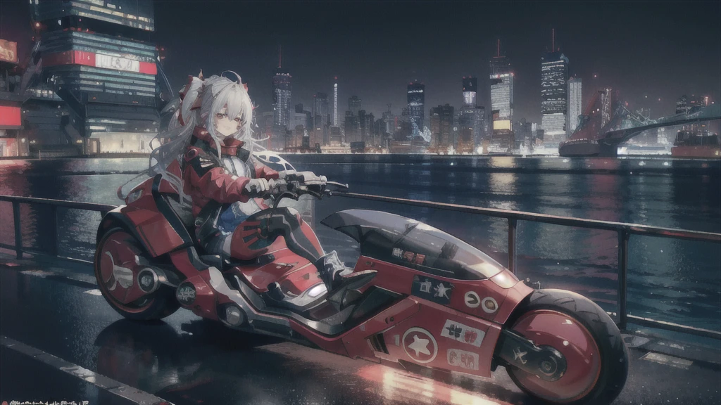 Official Art, unity 8k wallpaper, Super detailed, beautifully、aesthetic, masterpiece, Highest quality, Realistic, horn, blush, Long Hair, Gray Hair, Striped Hair, Red eyes, Hair Ribbon, Mole under the eye, Red Akira Bike, ride a bicycle, night, Cyberpunk City View, Magnificent screen, ,