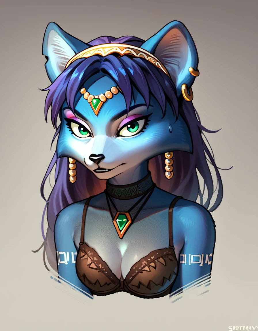 score_9, score_8_up, score_7_up, score_6_up, score_5_up, score_4_up, Krystal swift, violet hair, hair, long hair, purple eyeliner, brown leather bra suit, silver circlet, green gemstone, ear piercing, gritty, dark, rating_questionable