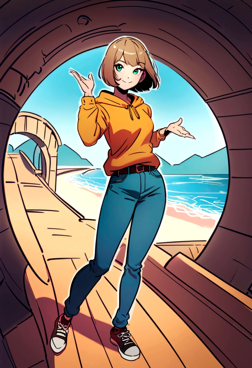 Super detailed, High resolution, Ilya Kuvshinov Style, Anime Moe Art Style, Best Anime 8K Konachan Wallpaper, pixiv Contest Winner, Perfect Anatomy, 超High resolution, Detailed, Dynamic Perspective Pose, Dynamic Pose Perspective, 3 / 4 Pose, Line art, Draw a gesture, Hands behind the back pose!, Anime Pose, outline, One girl, Ocean, handrail, wearing jeans, jeans, Denim pants, smile, (wave hands:0.9), Standing under the bridge, Beach Background, Sky Background, Wooden bridge, Wearing a hoodie, short hair, Green Eyes, Parker Girl, Light brown hair, Short brown hair, Not wearing a hat, No hat,