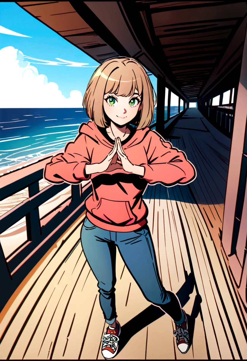 Super detailed, High resolution, Ilya Kuvshinov Style, Anime Moe Art Style, Best Anime 8K Konachan Wallpaper, pixiv Contest Winner, Perfect Anatomy, 超High resolution, Detailed, Dynamic Perspective Pose, Dynamic Pose Perspective, 3 / 4 Pose, Line art, Draw a gesture, Hands behind the back pose!, Anime Pose, outline, One girl, Ocean, handrail, wearing jeans, jeans, Denim pants, smile, (wave hands:0.9), Standing under the bridge, Beach Background, Sky Background, Wooden bridge, Wearing a hoodie, short hair, Green Eyes, Parker Girl, Light brown hair, Short brown hair, Not wearing a hat, No hat,