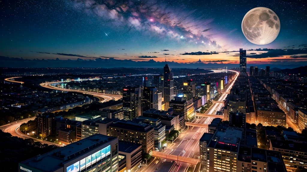 Wonderful landscape、Highest quality、Cityscape、Including sky、Starry Sky、sunset、Big Moon、Moonlit cityscape、building、There are no people, Makoto Shinkai's art style, 8