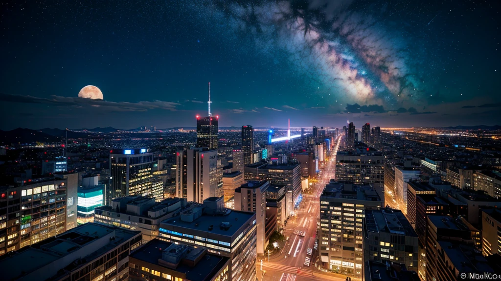Wonderful landscape、Highest quality、Cityscape、Including sky、Starry Sky、sunset、Big Moon、Moonlit cityscape、building、There are no people, Makoto Shinkai's art style, 8