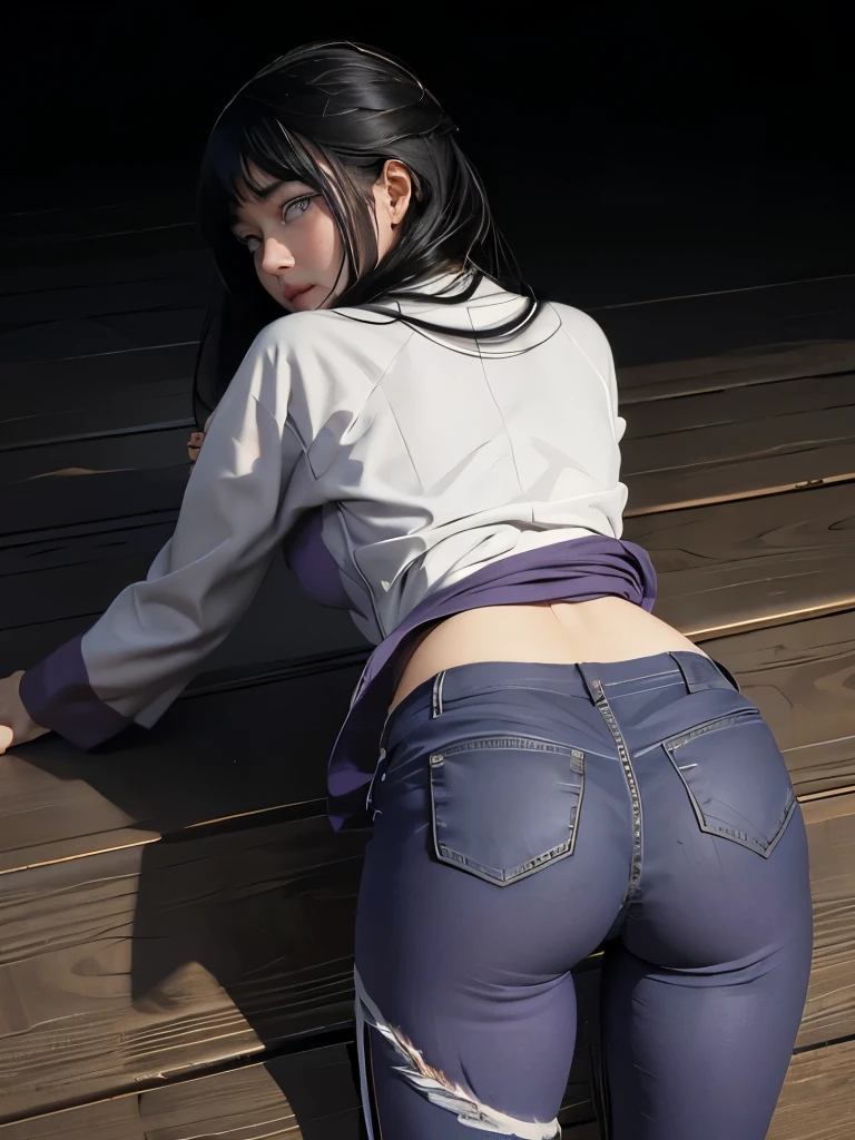 1 girl, Hyuga Hinata in the anime Naruto, long hair, black hair, white eyes, Very angry, Beautiful, purple clothes, Medium breasts, realistic clothes, Clothing Detail, ultra detail, realistic, lying on his stomach, knees bent, legs spread wide, purple skinny leggings,trousers torn at the groin, hands behind your back ,hands tied with rope at the wrists, view from the back