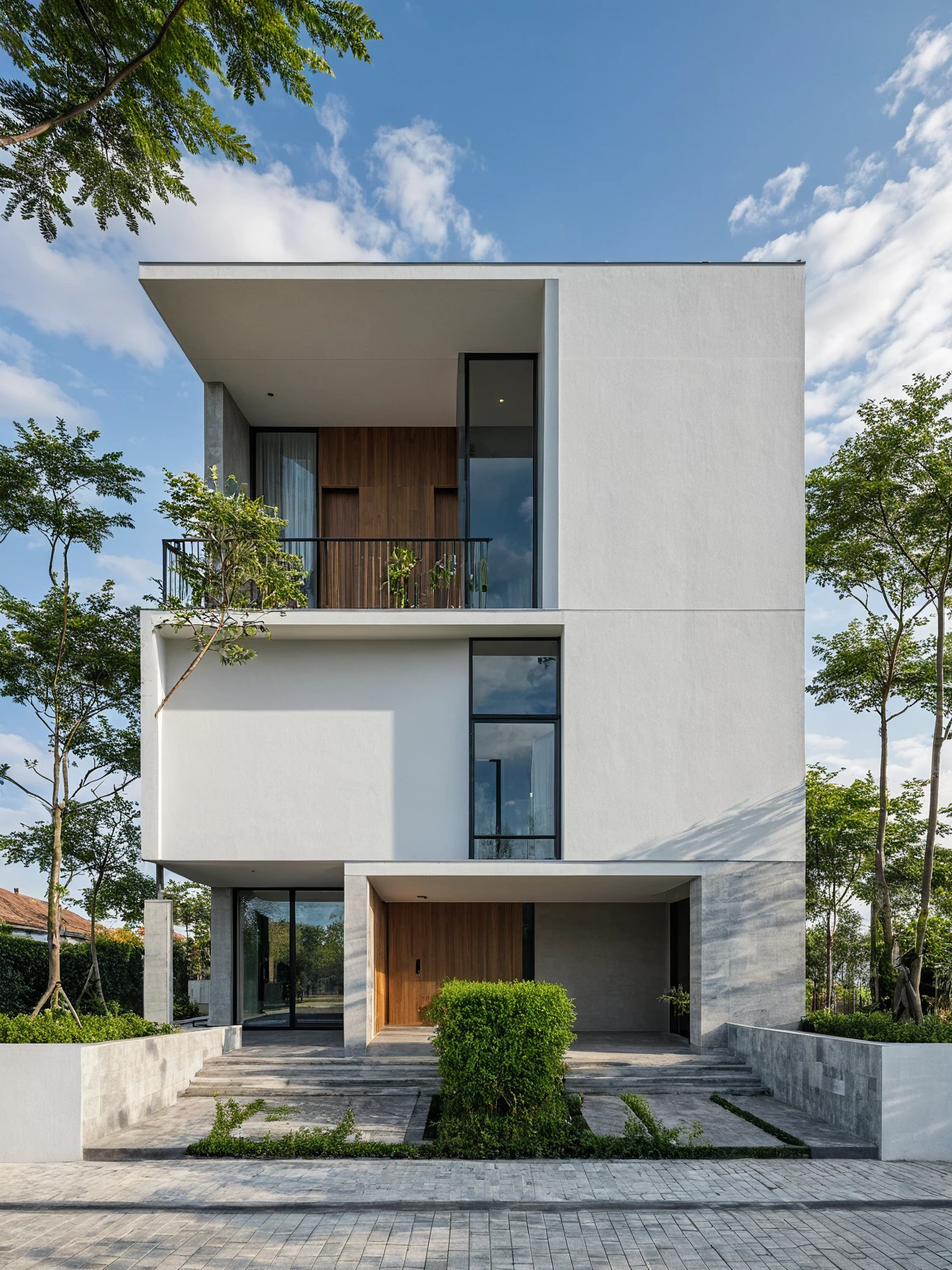 Masterpiece, high quality, best quality, authentic, super detail, outdoors, onestoreyvillaXL, aiaigroup, house style modern on the street ,stairs, white wall ,road,pavement, grass, trees, sky, cloud, (daylight:1.1)