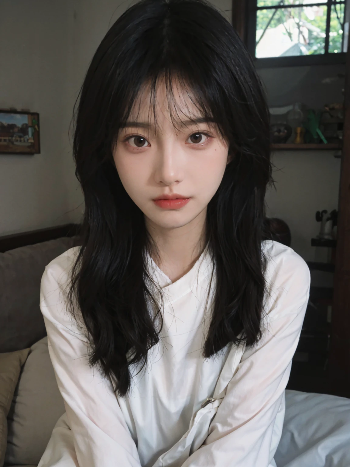 Best quality, Ultra-high resolution, (realistically:1.4), A woman with long black hair and a black nightwear see-through show her pussy, The medium scene is, In a ray of sunlight,She has black hair,through bangs, young lovely Korean faces, Cute Korean face, Urzans, Shin Jinying, beautiful aesthetic face, Korean facial features, Played by Liu Li Zhien ,beautiful realistic face