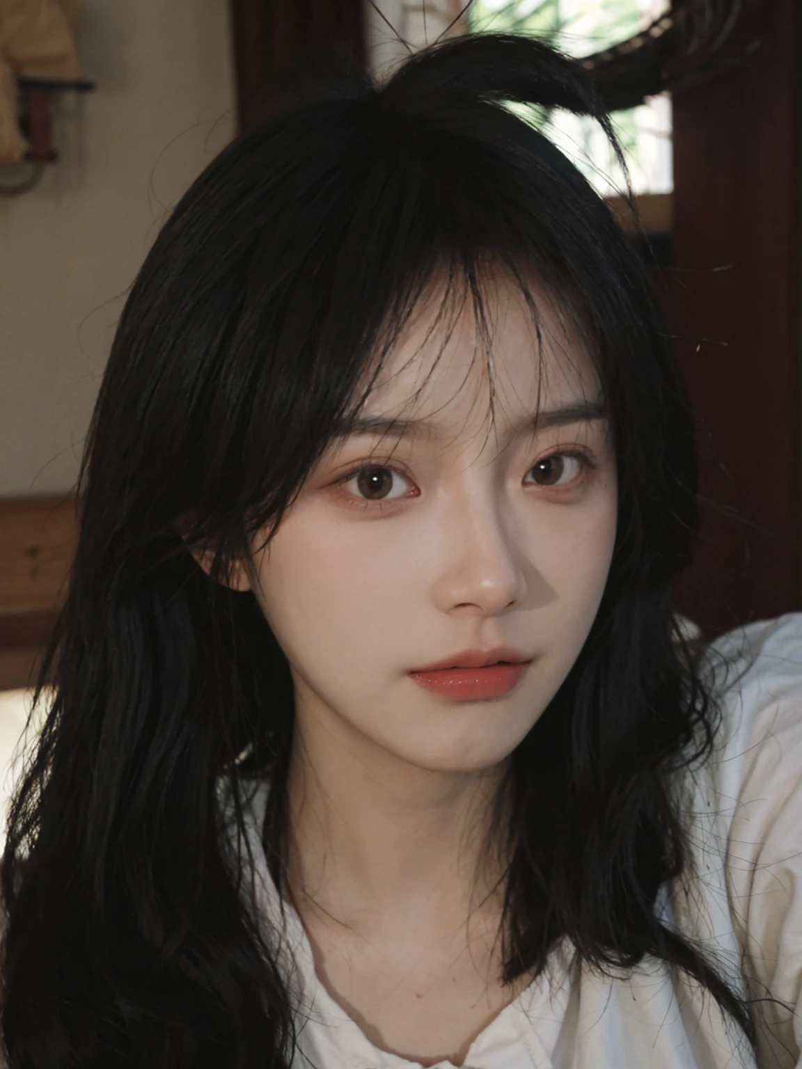 Best quality, Ultra-high resolution, (realistically:1.4), A woman with long black hair and a black nightwear see-through show her pussy, The medium scene is, In a ray of sunlight,She has black hair,through bangs, young lovely Korean faces, Cute Korean face, Urzans, Shin Jinying, beautiful aesthetic face, Korean facial features, Played by Liu Li Zhien ,beautiful realistic face