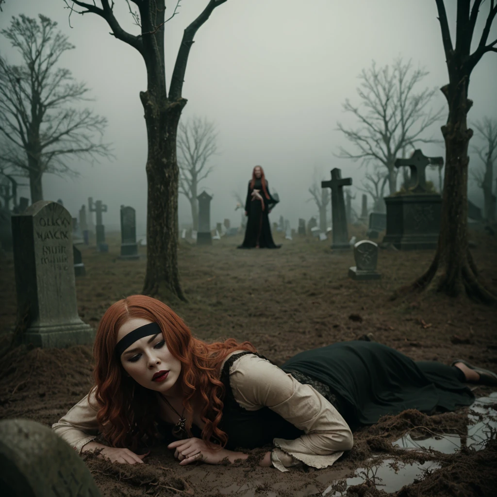 arafed (1woman), woman in a black dress with short messy wavy red hair and a necklace, lotr, promotional still, joy vampire queen, artstyle tom bagshaw, beautiful female vampire, carmilla vampire, portrait of a elder witch, vampire fashion, samara weaving vampire, tom bagshaw weta studio, with red hair, photo still, witchy clothing, beautiful female witch in fog filled graveyard, black blindfold. Solo woman alone. Lady is laying down in the mud