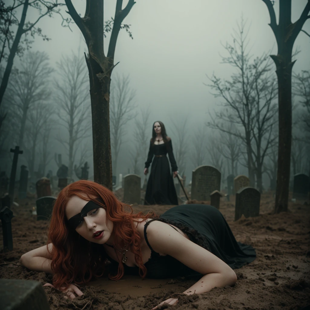 arafed (1woman), woman in a black dress with short messy wavy red hair and a necklace, lotr, promotional still,  joy vampire queen, artstyle tom bagshaw, beautiful female vampire, carmilla vampire, portrait of a elder witch, vampire fashion, samara weaving vampire, tom bagshaw weta studio, with red hair, photo still, witchy clothing, beautiful female witch in fog filled graveyard, black blindfold. Solo woman. Lady is laying down in the mud