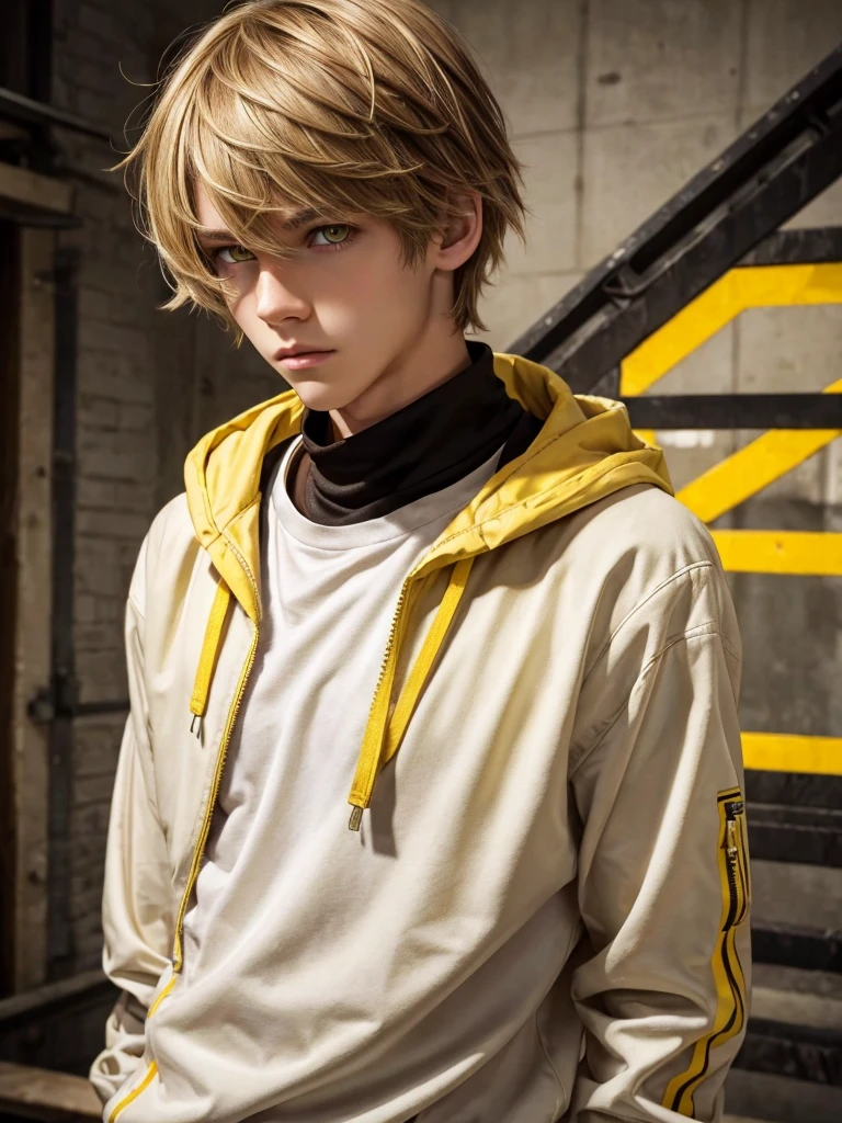 (best quality), 1boy, Male, young, white skin, (brown hair), blonde highlights, short hair, swept fringe, messy hair, (yellow eyes), perfect eyes, boyish, stylish clothes, slender, masterpiece, anatomically correct, highres