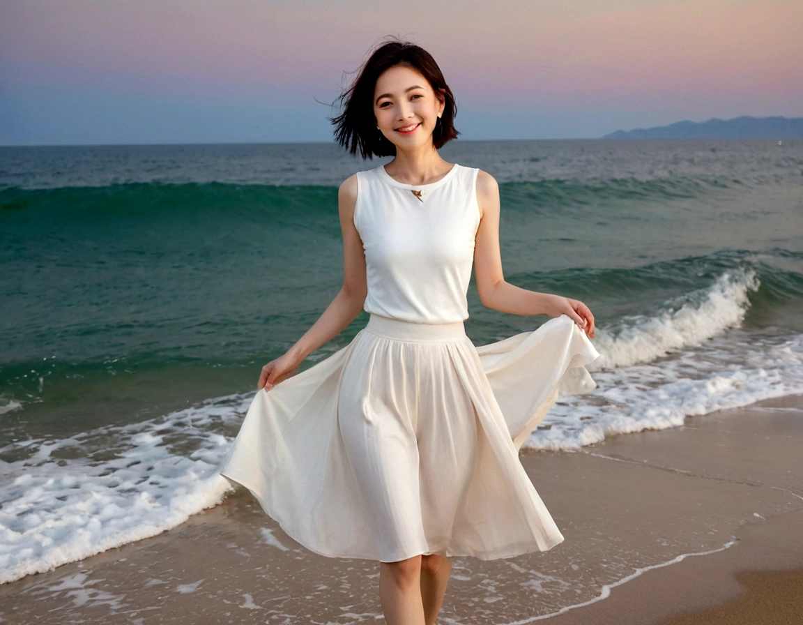 sunset on the beach,바다에 잔광이 비치네sunset on the beach 붉은 태양,A strong lingering scent is reflected in the sea., Beautiful 46-year-old short Korean woman, Chest size 34 inches, Wear sleeveless, light skirt. beautiful pretty woman look , wearing a light skirt , Go far into the sea water and dip your toes., Short medium hair blowing in the wind, 1 short woman, beautiful eyes, a little smile, Full-body photo taken from afar with a wide-angle lens, The background is clean and perfect., waves moved by the wind, best high definition