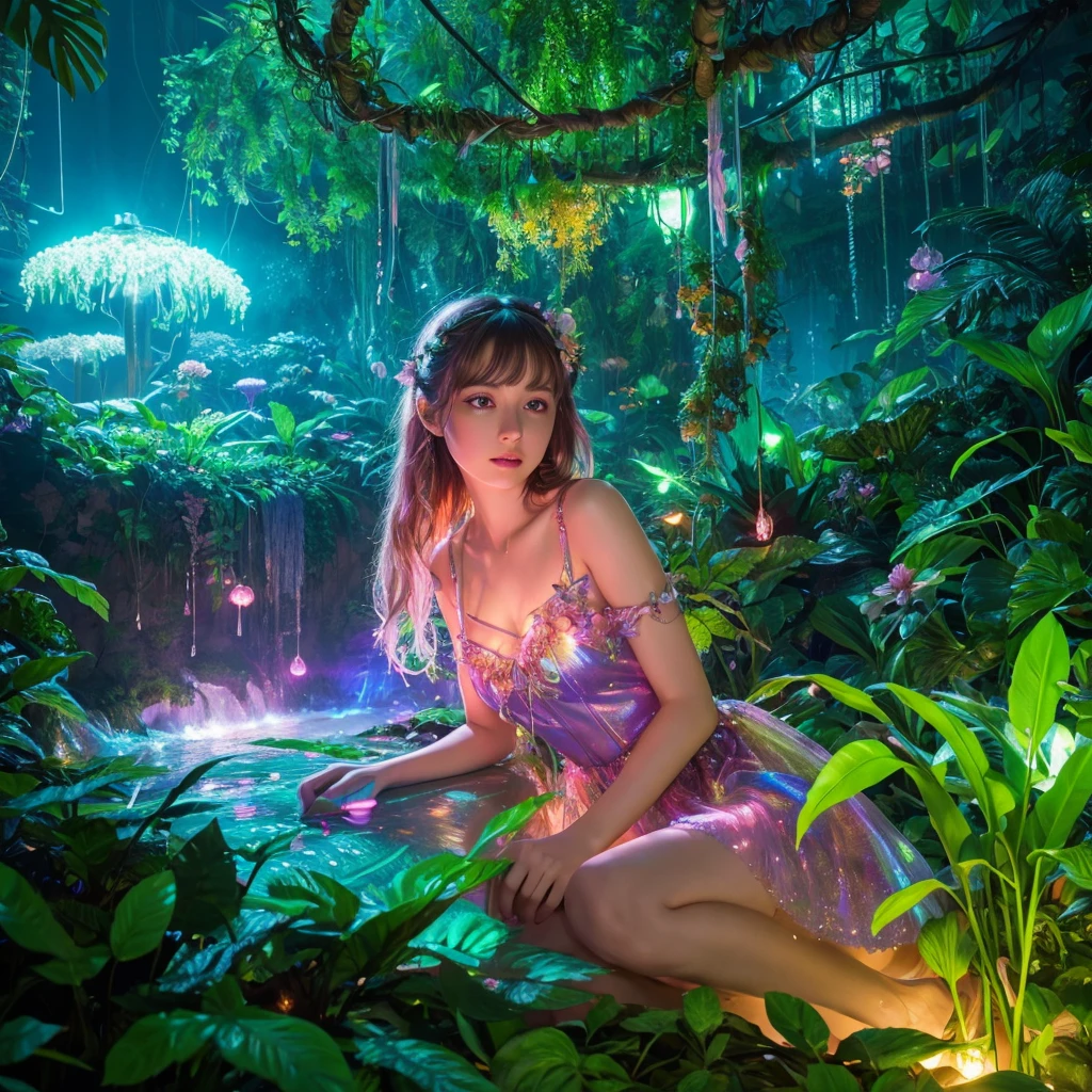 beautiful detailed girl in fairy dress, neon-lit jungle, glowing flora and fauna, trees as circuit boards, rivers of liquid light, 8k, photorealistic, cinematic lighting, vibrant colors, fantasy, surreal, magical
