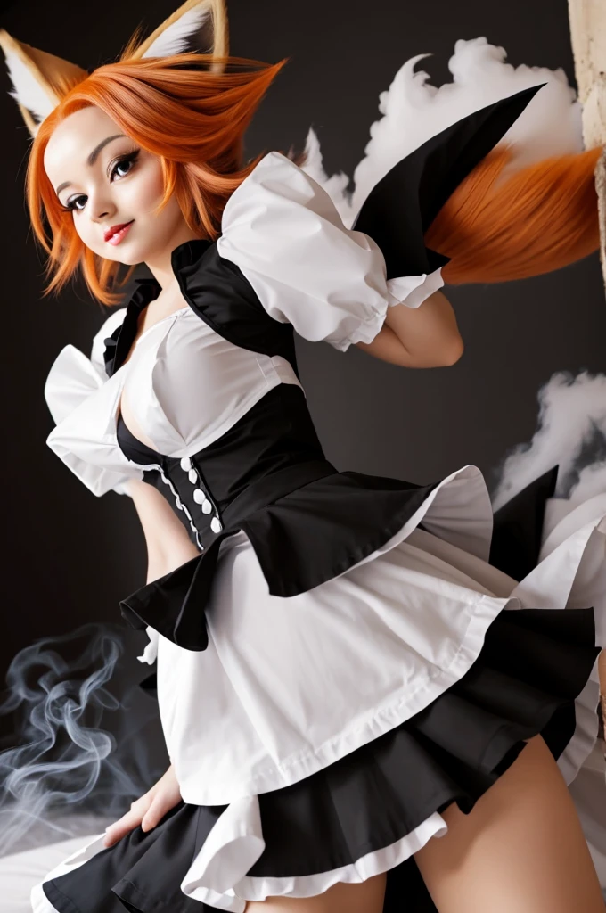 Braixen the fox pokemon in a long black and white maid outfit she keeps her own colors lifting the skirt up and showing her anus and pussy while she farts show it as a brown smoke