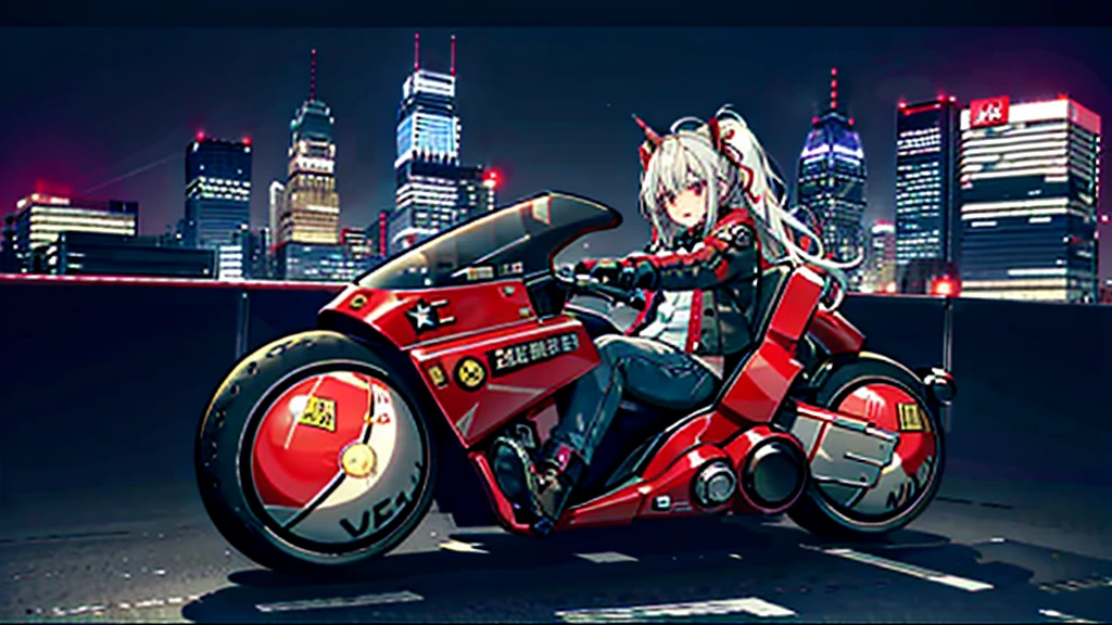 Official Art, unity 8k wallpaper, Super detailed, beautifully、aesthetic, masterpiece, Highest quality, Realistic, horn, blush, Long Hair, Gray Hair, Striped Hair, Red eyes, Hair Ribbon, Mole under the eye, Red Akira Bike, ride a bicycle, night, Cyberpunk City View, Magnificent screen, ,