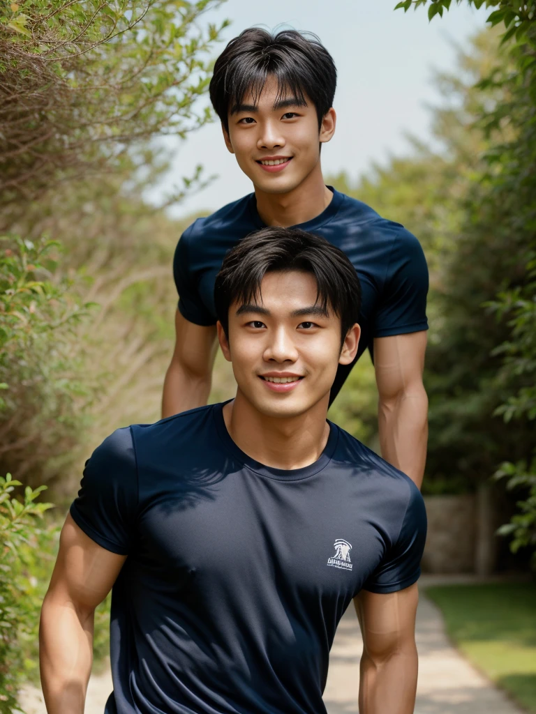 独奏: 1.5, (As a matter of fact, Masterpiece, 8k HD, good light quality, sportswear, fit the face, complicated details), A handsome, muscular young Korean man. , 20 years old, be happy, smile brightly, detailed face, delicate eyes, มองดูsky, Wear a navy tight T-shirt.:1.6, period, black eyes, Black hair color, ผมsmooth, smooth, outdoor sports, Along the garden, Sunny,sky，Surreal，Awesome details，Highest quality，real，Open your mouth to talk. , Close your eyes., Seaside, beach, sunlight, running towards the camera