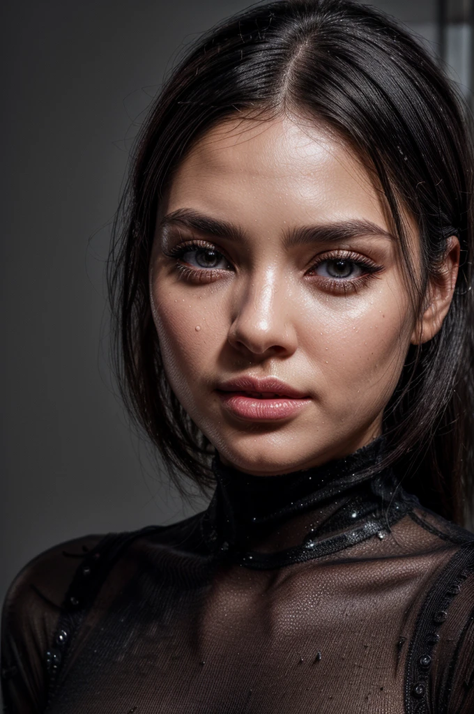 8k, RAW Photo, Photorealistic: 1.25), (Lip Gloss, Eyelashes, Glossy Face, Glossy Skin, Best Quality, Ultra High Resolution, Depth of Field, Chromatic Aberration, Caustics, Moisturized Lips, Ultra-Trimmed Face, Radiant Detailed Eyes, Black Hair, Semi-Long, Fashionable, Tight Knit Dress, Sheer