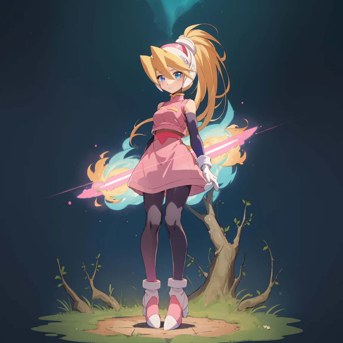 ciel_megamanz, 1girl, solo, long hair, blue eyes, blonde hair, ponytail, headgear, pantyhose, white gloves, pink dress, high quality, masterpiece, standing with green flames coming from a tree