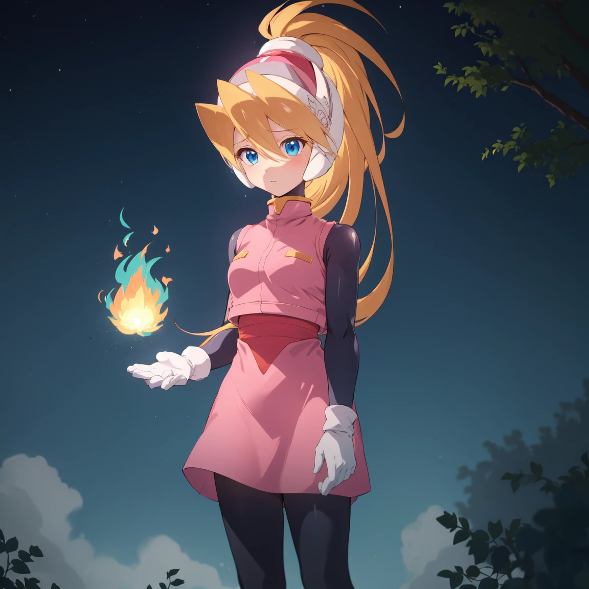 ciel_megamanz, 1girl, solo, long hair, blue eyes, blonde hair, ponytail, headgear, pantyhose, white gloves, pink dress, high quality, masterpiece, standing with green flames coming from a tree