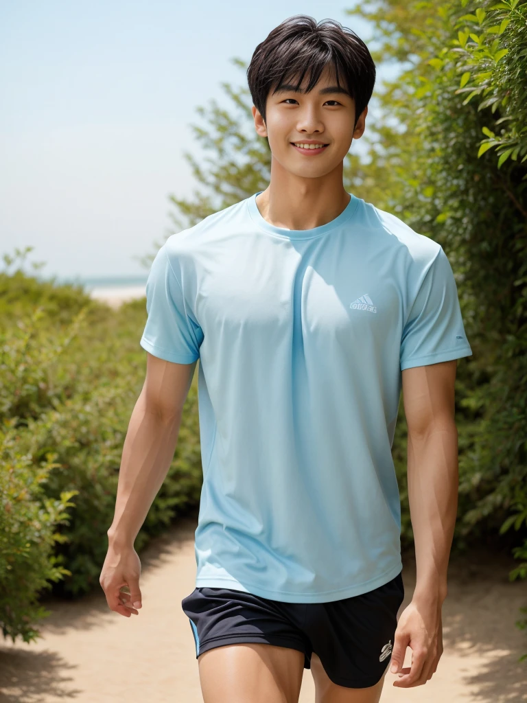 独奏: 1.5, (As a matter of fact, Masterpiece, 8k HD, good light quality, sportswear, fit the face, complicated details), A handsome, muscular young Korean man. , 20 years old, be happy, smile brightly, detailed face, delicate eyes, มองดูsky, Wearing a tight, light blue t-shirt.:1.6, period, black eyes, Black hair color, ผมsmooth, smooth, outdoor sports, Along the garden, Sunny,sky,Surreal,Awesome details,Highest quality,real,Open your mouth to talk. , Close your eyes., Seaside, beach, sunlight, running towards the camera