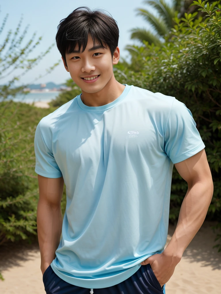 独奏: 1.5, (As a matter of fact, Masterpiece, 8k HD, good light quality, sportswear, fit the face, complicated details), A handsome, muscular young Korean man. , 20 years old, be happy, smile brightly, detailed face, delicate eyes, มองดูsky, Wearing a tight, light blue t-shirt.:1.6, period, black eyes, Black hair color, ผมsmooth, smooth, outdoor sports, Along the garden, Sunny,sky，Surreal，Awesome details，Highest quality，real，Open your mouth to talk. , Close your eyes., Seaside, beach, sunlight, running towards the camera