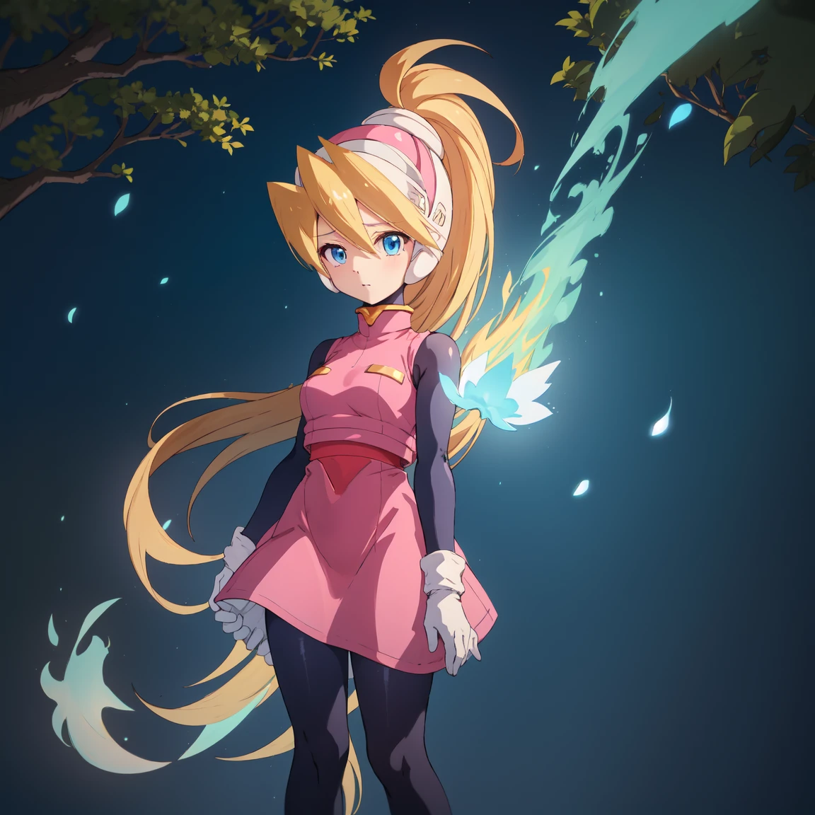 ciel_megamanz, 1girl, solo, long hair, blue eyes, blonde hair, ponytail, headgear, pantyhose, white gloves, pink dress, high quality, masterpiece, standing with green flames coming from a tree