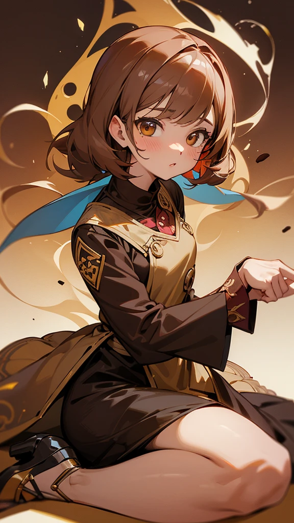 Wanita berbaju putih,berambut coklat,warna mata coklat,background di kelas, style art anime