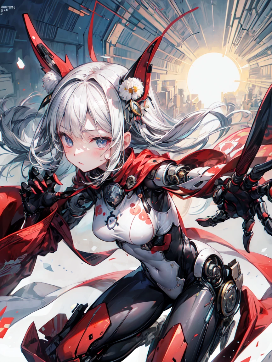 (masterpiece, Highest quality, Highest quality, beautifully、beautiful:1.2), (One beautiful woman:1.3), original, High resolution, small, Very detailed, Detailed Background, Cinema Lighting, shape, , Active Pause, (Japan Themes:1), Divinity, Light, hair ornaments, Warrior, Warrior armor, whole body, Android Seam, ((Amaterasu Oomikami,Supreme God,Sun God)),Shingard, break,(advent of god), (1 Beauty),(25 year old beauty), alone, Perfect Face, 最も美しくセクシーなメカWarriorの女の子, Very detailedな未来的なメカバトルアーマーを着用, Super Future Metropolis, Absurd, High resolution, Super detailed, Bodysuits, Cyborg Girl,Hyper Gigantic Mechanical Arm,Dynamic pose, Nice hands, Perfect hands, Incredibly cinematic,