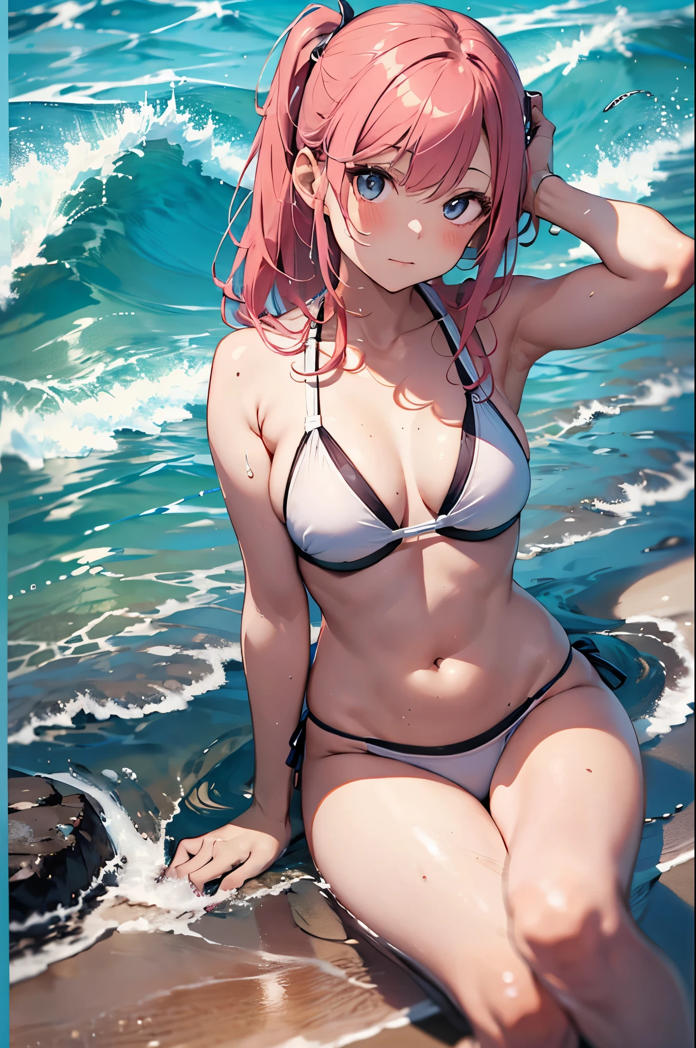 High resolution,White swimsuit、Pink Hair、
One beautiful young woman,
(Soft saturation:1.3), (Fair skin:1.2),
(ultra-Detailed Background, Detailed Background), Bokeh,
break&#39;Portrait of a smiling girl.,
When viewed from the front, The composition is symmetrical,
Looking straight at you with serious eyes,
break Swimwear, White Bikini, Medium Chest, 
Outdoor, Sea surface, null, sunlight,Summer beach, Sandy Beach,
Strong light, Front lighting, 
(Teen:1.3), (Cowboy Shot:1.2),
Front brake angle,
View your viewers,
Dynamic pose,
sitting on the beach

Seaweed、Seaweed、Seaweed、Seaweed、Seaweed、Seaweed、Seaweed、