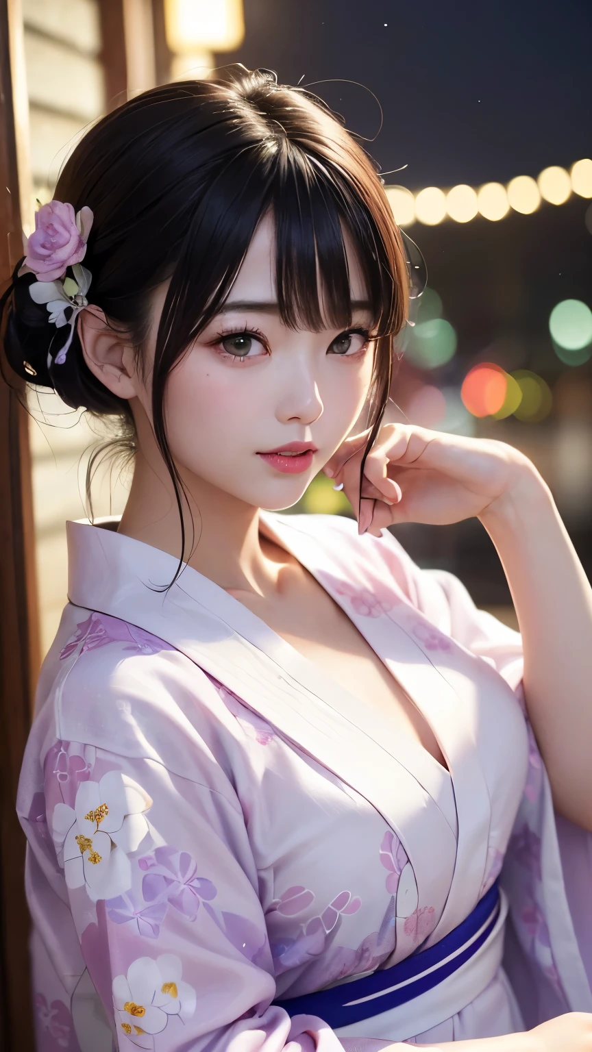 (logo、masterpiece、8K、Tabletop、RAW Photos、wonderful、最high quality、フォトリアリスティックでVery detailedな CG 複合 8K 壁紙、high quality、Very detailed、Narrative poem、Particle Effects、Dynamic Effects、Depth of the Boundary、Cinematic Light、Lens flare、Ray Tracing)、 (One beautiful woman wearing a yukata、White yukata、Light purple pattern)、Black-haired、High definition skin、Very fine、Fine skin texture、Beautiful Face、True Face、Beautiful details in the eyes、Realistic eyes、Beautifully detailed eyes、Realistic Skin、Beautiful Skin、Surreal、Smiling Eyes、Hair and light eyes、vivid、Colorful lights and bokeh、plump lower lip、Pink Lips、Hair flutters in Wind、Hair bounces、wonderful景色、night、evening、Wind、moonlight、moonlight、light