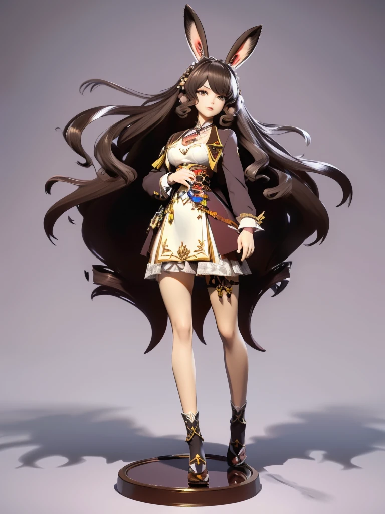 hair divided on half, Seizo Watase style, Simple Line Initialism，Abstract art, 3d character,  ,(((The most beautiful girl of all time))),  (full body 1.2), only girl, long hair, , full body, (((8k))), (((3d)), dark brown hair, mane of white rabbit ears, action pose