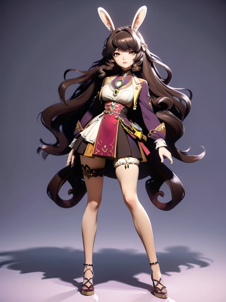 hair divided on half, Seizo Watase style, Simple Line Initialism，Abstract art, 3d character,  ,(((The most beautiful girl of all time))),  (full body 1.2), only girl, long hair, 17 year old, full body, (((8k))), (((3d)), dark brown hair, mane of white rabbit ears, action pose