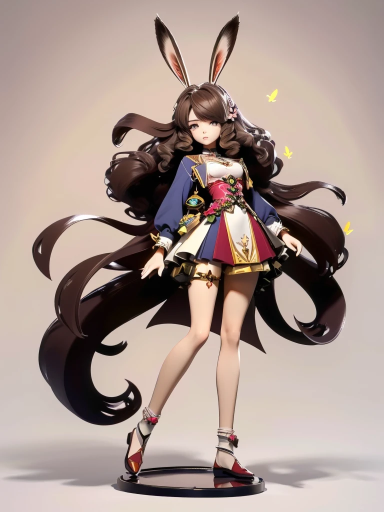 hair divided on half, Seizo Watase style, Simple Line Initialism，Abstract art, 3d character,  ,(((The most beautiful girl of all time))),  (full body 1.2), only girl, long hair, 17 year old, full body, (((8k))), (((3d)), dark brown hair, mane of white rabbit ears, action pose