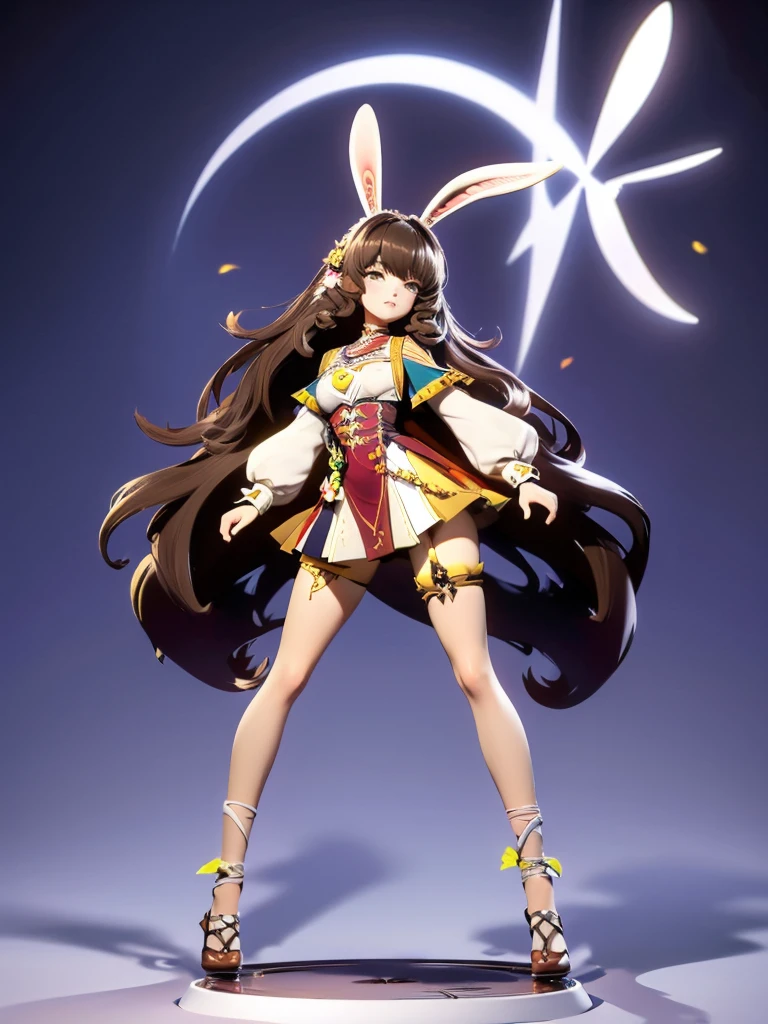 hair divided on half, Seizo Watase style, Simple Line Initialism，Abstract art, 3d character,  ,(((The most beautiful girl of all time))),  (full body 1.2), only girl, long hair, 17 year old, full body, (((8k))), (((3d)), dark brown hair, mane of white rabbit ears, action pose