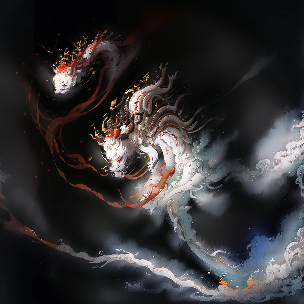 there is a white dragon in black background, inspired by Sōami, inspired by Nōami, mizutsune, inspired by Ryōhei Koiso, by Kanō Tan'yū, chinese dragon concept art, by Sōami, by Li Zai, chinese watercolor style, kitsune three - tailed fox