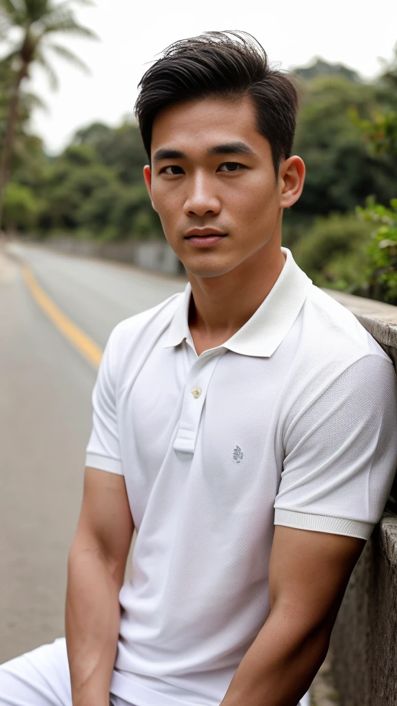 Thai man ,man,He is about 30 years old..,Rough and handsome appearance,large breastsj,Big waistline,buzz cut, angry, sullen, best quality, Masterpiece,(Have muscles:4.5),(best quality,high resolution,Masterpiece:1.2),The eyes are natural and delicate..,1 person,alone,gay asian,muscle,Long legs,brave,short hair details,conjunctivitis ,strong,brown eyes, (outdoor background road :1.5),In the swimming pool,sitting on the side of the road, (White Polo Shirt:1.3),Jeans