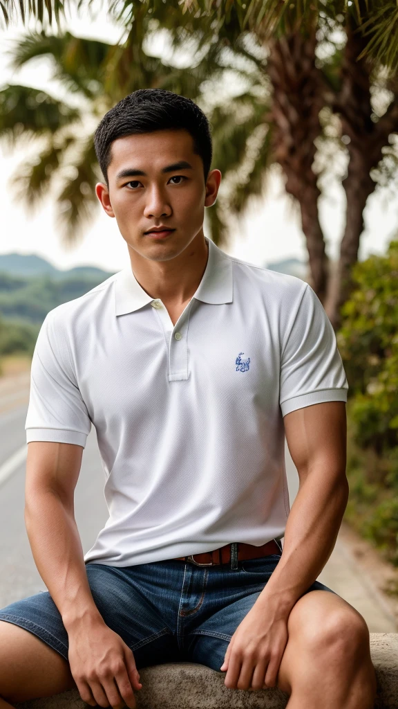 Thai man ,man，He is about 30 years old..，Rough and handsome appearance，large breastsj，Big waistline，buzz cut, angry, sullen, best quality, Masterpiece，（Have muscles：4.5），(best quality,high resolution,Masterpiece:1.2),The eyes are natural and delicate..,1 person,alone,gay asian,muscle,Long legs,brave,short hair details,conjunctivitis ,strong,brown eyes, (outdoor background road :1.5)，In the swimming pool，sitting on the side of the road, (White Polo Shirt:1.3),Jeans