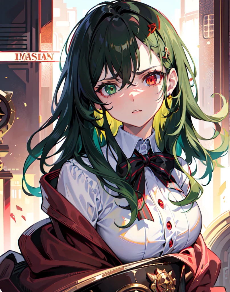 {{masterpiece}}, best quality, ultra, detailed ,extremely detailed CG unity 8k wallpaper, cinematic lighting, lens flare, beautiful detail eyes, red eyes, black, side glance, multicolor hair, colorful light, particles, heterochromia, (colorful:1.5), (green hair, medium hair, perm hair:1.2), white Blouse , white short pants, long boots , chocolate colored tuxedo ,red bow tie, strong facial expression,(sharp eye:1.2),(scowl:1.1), (stare at viewer with stern eyes:1.5) ,
