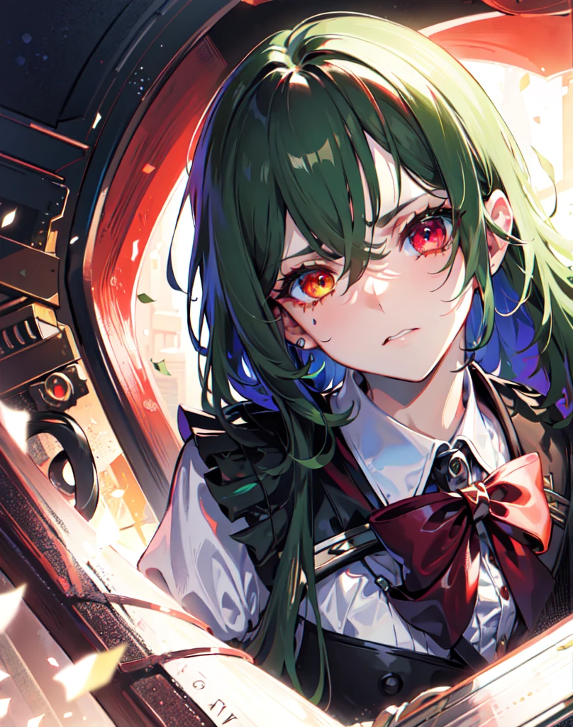 {{masterpiece}}, best quality, ultra, detailed ,extremely detailed CG unity 8k wallpaper, cinematic lighting, lens flare, beautiful detail eyes, red eyes, black,  side glance,  multicolor hair, colorful light, particles, heterochromia, (colorful:1.5), (green hair, medium hair, perm hair:1.2), white Blouse , white short pants, long boots , chocolate colored tuxedo ,red bow tie, strong facial expression,(sharp eye:1.2),(scowl:1.1), (stare at viewer with stern eyes:1.5) ,