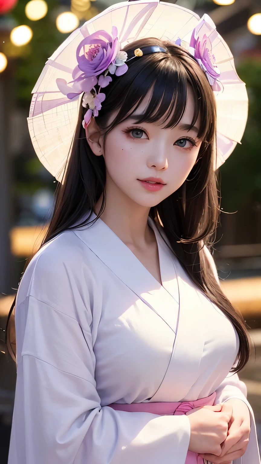 (logo、masterpiece、8K、Tabletop、RAW Photos、wonderful、最high quality、フォトリアリスティックでVery detailedな CG 複合 8K 壁紙、high quality、Very detailed、Narrative poem、Particle Effects、Dynamic Effects、Depth of the Boundary、Cinematic Light、Lens flare、Ray Tracing)、 (One beautiful woman wearing a yukata、White yukata、Light purple pattern)、Black-haired、High definition skin、Very fine、Fine skin texture、Beautiful Face、True Face、Beautiful details in the eyes、Realistic eyes、Beautifully detailed eyes、Realistic Skin、Beautiful Skin、Surreal、Smiling Eyes、Hair and light eyes、vivid、Colorful lights and bokeh、plump lower lip、Pink Lips、Hair flutters in Wind、Hair bounces、wonderful景色、night、evening、Wind、moonlight、moonlight、light