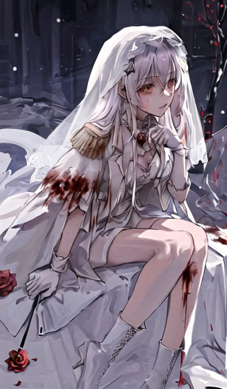 She has a gentle and elegant appearance. She wears a white suit with long white pants with a white veil, white gloves and white boots. She has snow-white hair and cunning dark red eyes (her eyes very beautiful but she always close it). All of them create an incredibly enchanting beauty, very wild but gentle, very ghostly but beautiful, just like a blood moon night, a rose stained red in fresh blood. An Angel