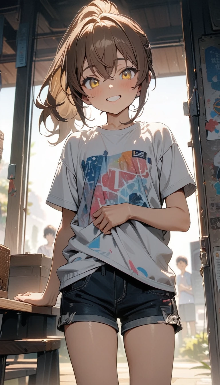 young boy, brown hair, high ponytail, yellow eyes, smile, femboy, flat chest, shirt, shorts, Masterpiece, best quality, Full HD, 8k, ultra details, great graphic